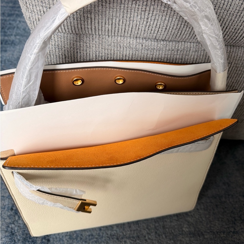 Tory Burch Cream and Tan Structured Satchel with Gold Hardware - Picture 11 of 16